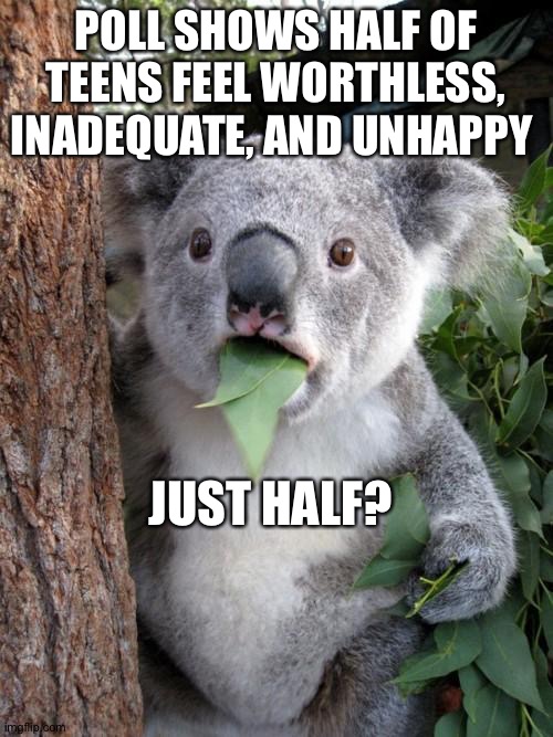 Surprised Koala | POLL SHOWS HALF OF TEENS FEEL WORTHLESS, INADEQUATE, AND UNHAPPY; JUST HALF? | image tagged in memes,surprised koala | made w/ Imgflip meme maker