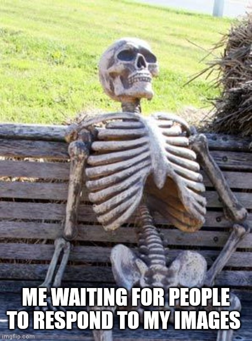 Skeleton waiting | ME WAITING FOR PEOPLE TO RESPOND TO MY IMAGES | image tagged in memes,waiting skeleton,waiting for people to respond to your images | made w/ Imgflip meme maker