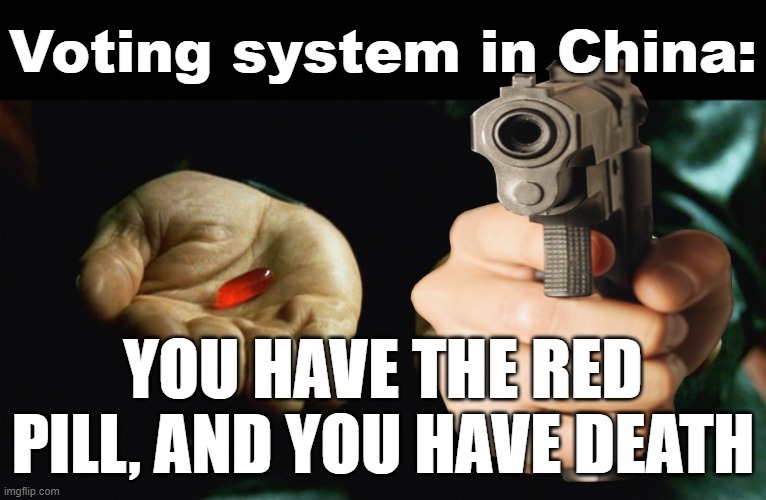 red pill, blue pill | Voting system in China: YOU HAVE THE RED PILL, AND YOU HAVE DEATH | image tagged in red pill blue pill | made w/ Imgflip meme maker