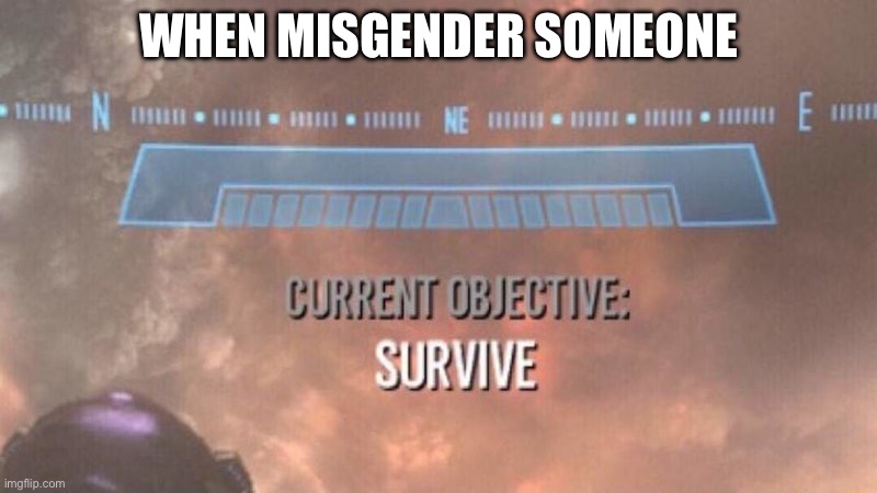 True ngl | WHEN MISGENDER SOMEONE | image tagged in current objective survive | made w/ Imgflip meme maker