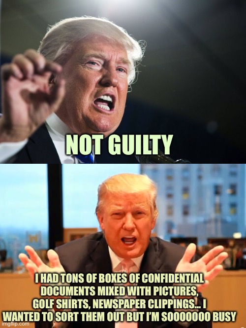 So sad | NOT GUILTY; I HAD TONS OF BOXES OF CONFIDENTIAL DOCUMENTS MIXED WITH PICTURES, GOLF SHIRTS, NEWSPAPER CLIPPINGS… I WANTED TO SORT THEM OUT BUT I’M SOOOOOOO BUSY | image tagged in donald trump,trump birthday meme,memes | made w/ Imgflip meme maker
