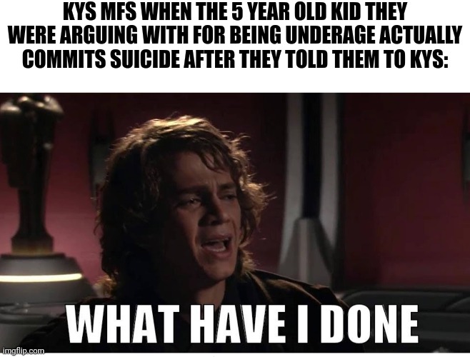 Anakin what have i done | KYS MFS WHEN THE 5 YEAR OLD KID THEY WERE ARGUING WITH FOR BEING UNDERAGE ACTUALLY COMMITS SUICIDE AFTER THEY TOLD THEM TO KYS: | image tagged in anakin what have i done | made w/ Imgflip meme maker