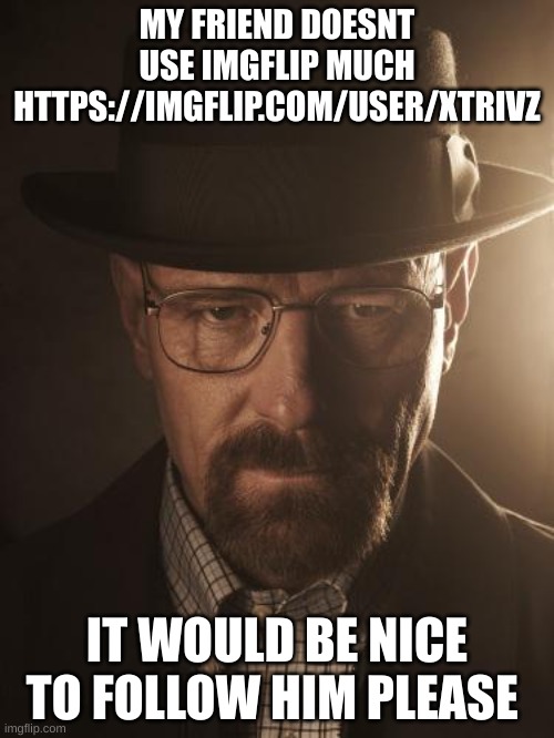 if you follow him and comment that you did i will follow you (except if i already follow you) | MY FRIEND DOESNT USE IMGFLIP MUCH HTTPS://IMGFLIP.COM/USER/XTRIVZ; IT WOULD BE NICE TO FOLLOW HIM PLEASE | image tagged in walter white | made w/ Imgflip meme maker