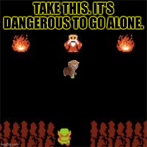 It's Dangerous To Go Alone | TAKE THIS. IT'S DANGEROUS TO GO ALONE. | image tagged in it's dangerous to go alone | made w/ Imgflip meme maker