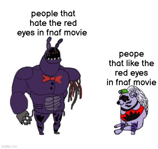 title | people that hate the red eyes in fnaf movie; peope that like the red eyes in fnaf movie | image tagged in fnaf | made w/ Imgflip meme maker