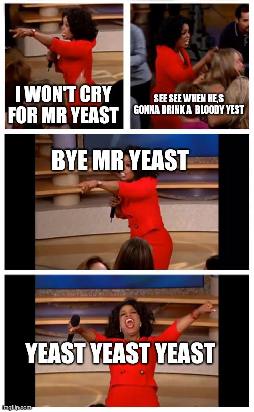 I won't  cry for Mr yeast | I WON'T CRY FOR MR YEAST; SEE SEE WHEN HE,S GONNA DRINK A  BLOODY YEST; BYE MR YEAST; YEAST YEAST YEAST | image tagged in memes,oprah you get a car everybody gets a car | made w/ Imgflip meme maker