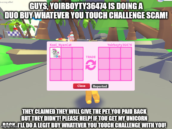 I miss my unicorn! This is not for comedy, this is a help wanted post and to spread awareness. Please help! It's one of my DPs! | GUYS, YOIRBOYTY36474 IS DOING A DUO BUY WHATEVER YOU TOUCH CHALLENGE SCAM! THEY CLAIMED THEY WILL GIVE THE PET YOU PAID BACK BUT THEY DIDN'T! PLEASE HELP! IF TOU GET MY UNICORN BACK, I'LL DO A LEGIT BUY WHATEVER YOU TOUCH CHALLENGE WITH YOU! | image tagged in help me,help,scam,hey internet,internet scam | made w/ Imgflip meme maker