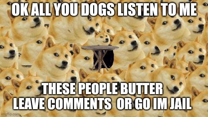 Ok all you dogs listen to me these people butter comment or go to jail | OK ALL YOU DOGS LISTEN TO ME; THESE PEOPLE BUTTER LEAVE COMMENTS  OR GO IM JAIL | image tagged in memes,multi doge | made w/ Imgflip meme maker