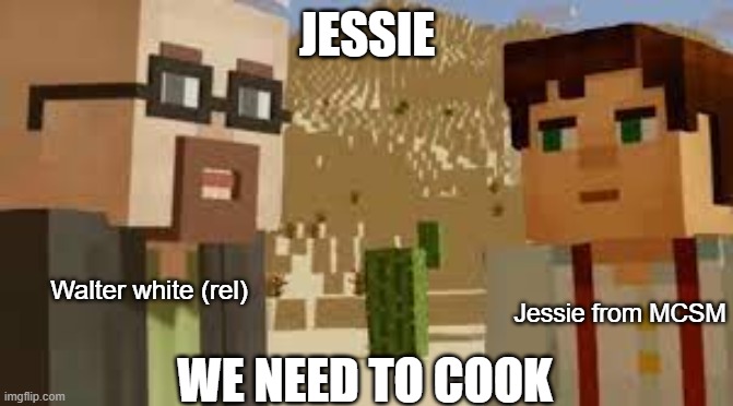 Image I found online | JESSIE; Walter white (rel); Jessie from MCSM; WE NEED TO COOK | image tagged in jessie we need to cook dried kelp,walter white,walter white cooking,minecraft,memes,minecraft story mode | made w/ Imgflip meme maker
