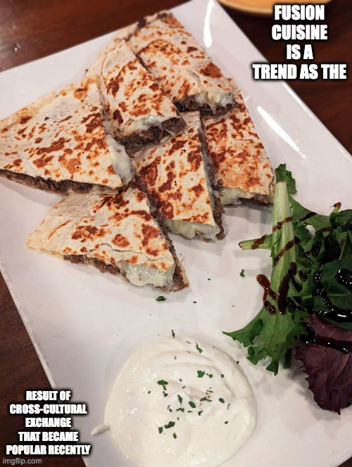 Bulgogi Quesadilla | FUSION CUISINE IS A TREND AS THE; RESULT OF CROSS-CULTURAL EXCHANGE THAT BECAME POPULAR RECENTLY | image tagged in cross fusion,food,memes | made w/ Imgflip meme maker