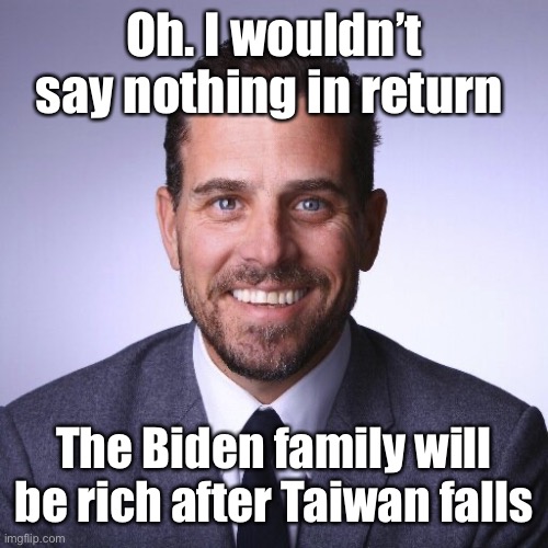 Hunter Biden | Oh. I wouldn’t say nothing in return The Biden family will be rich after Taiwan falls | image tagged in hunter biden | made w/ Imgflip meme maker