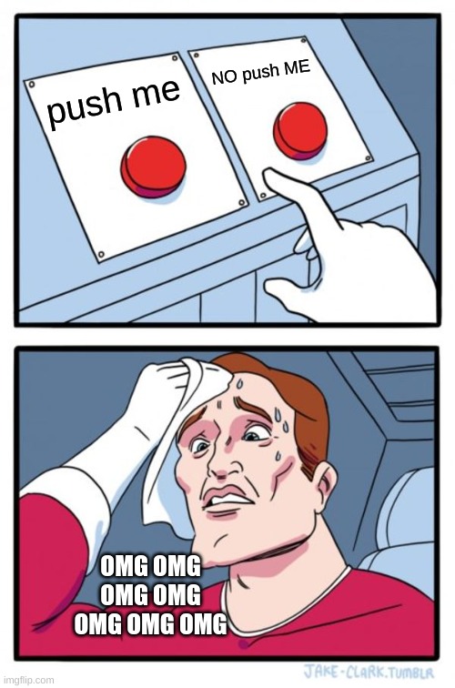 Two Buttons | NO push ME; push me; OMG OMG OMG OMG OMG OMG OMG | image tagged in memes,two buttons | made w/ Imgflip meme maker