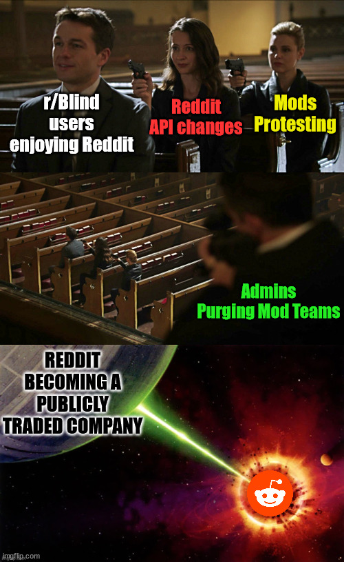 The Current Situation Regarding Accessibility and API Changes | Mods Protesting; Reddit API changes; r/Blind users enjoying Reddit; Admins Purging Mod Teams; REDDIT BECOMING A PUBLICLY TRADED COMPANY | image tagged in assassination chain,reddit,dank,christian,memes,r/dankchristianmemes | made w/ Imgflip meme maker