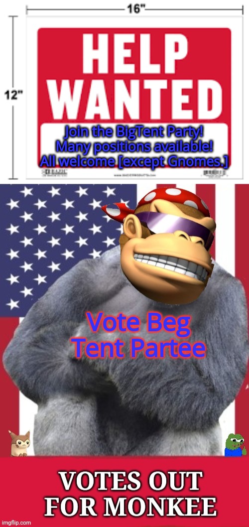 Surlykong 4 president | Join the BigTent Party! Many positions available! All welcome [except Gnomes.]; Vote Beg Tent Partee | image tagged in votes out for monkee,stop it get some help | made w/ Imgflip meme maker