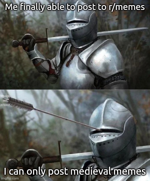 Hi | Me finally able to post to r/memes; Check out r/BHJ2; I can only post medieval memes | image tagged in medieval knight with arrow in eye slot | made w/ Imgflip meme maker