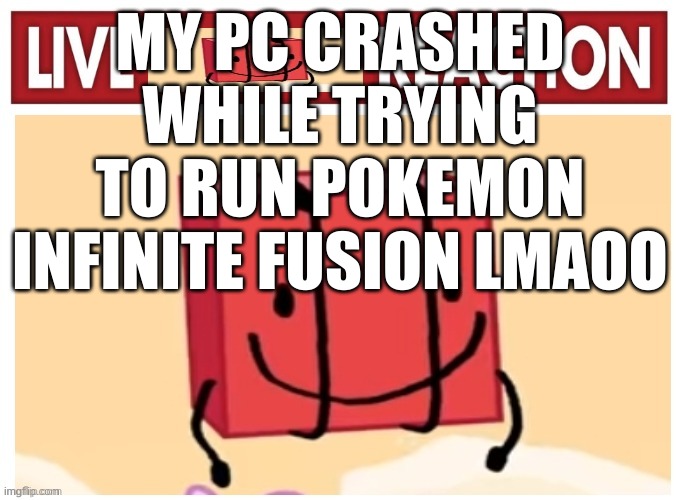 Live boky reaction | MY PC CRASHED WHILE TRYING TO RUN POKEMON INFINITE FUSION LMAOO | image tagged in live boky reaction | made w/ Imgflip meme maker