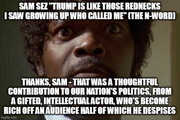 Samuel L jackson | SAM SEZ "TRUMP IS LIKE THOSE REDNECKS I SAW GROWING UP WHO CALLED ME" (THE N-WORD); THANKS, SAM - THAT WAS A THOUGHTFUL CONTRIBUTION TO OUR NATION'S POLITICS, FROM A GIFTED, INTELLECTUAL ACTOR, WHO'S BECOME RICH OFF AN AUDIENCE HALF OF WHICH HE DESPISES | image tagged in samuel l jackson | made w/ Imgflip meme maker