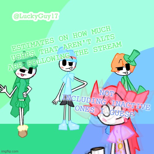 LuckyGuy17 Template | ESTIMATES ON HOW MUCH USERS THAT AREN'T ALTS ARE FOLLOWING THE STREAM; NOT INCLUDING INACTIVE ONES I GUESS | image tagged in luckyguy17 template | made w/ Imgflip meme maker
