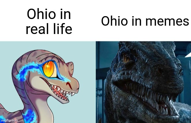 Please just stop | Ohio in real life; Ohio in memes | image tagged in cute vs scary blue,ohio,blue,jurassic world | made w/ Imgflip meme maker