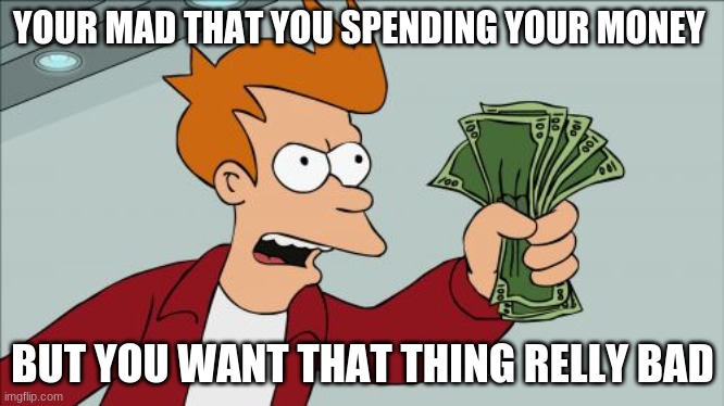 Shut Up And Take My Money Fry | YOUR MAD THAT YOU SPENDING YOUR MONEY; BUT YOU WANT THAT THING RELLY BAD | image tagged in memes,shut up and take my money fry | made w/ Imgflip meme maker