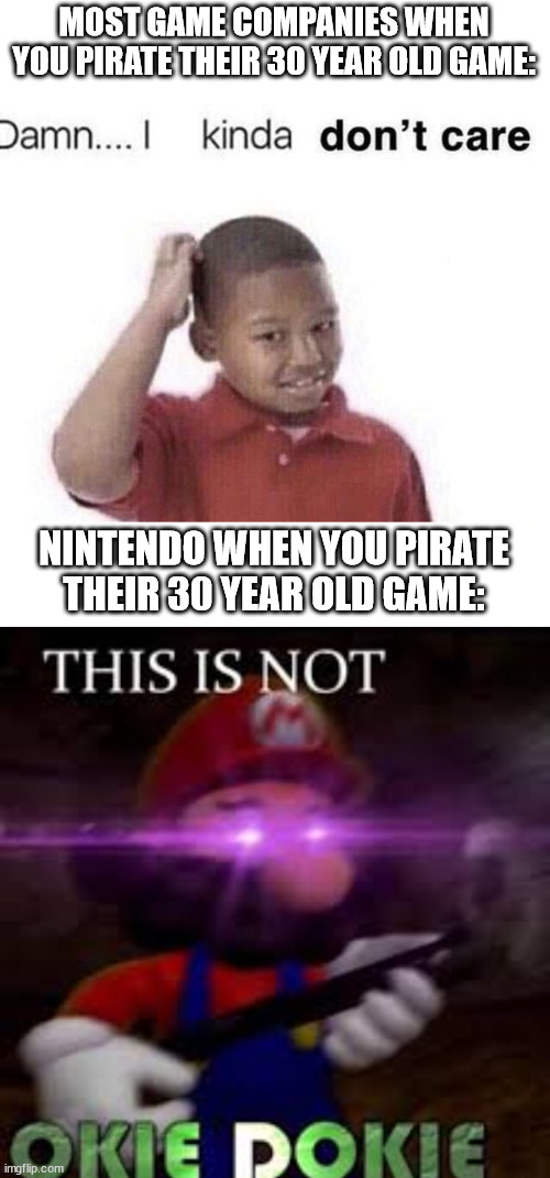 MOST GAME COMPANIES WHEN YOU PIRATE THEIR 30 YEAR OLD GAME:; NINTENDO WHEN YOU PIRATE THEIR 30 YEAR OLD GAME: | image tagged in damn i kinda dont care,this is not okie dokie,memes,funny | made w/ Imgflip meme maker