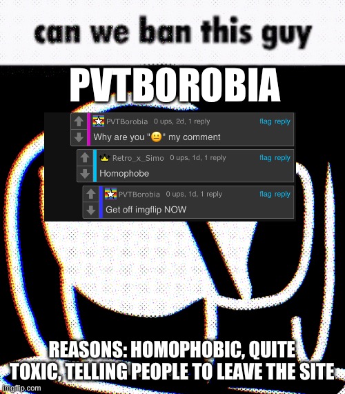 a sad example of kids trying to assert dominance by being a jerk | PVTBOROBIA; REASONS: HOMOPHOBIC, QUITE TOXIC, TELLING PEOPLE TO LEAVE THE SITE | image tagged in can we ban this guy phantom | made w/ Imgflip meme maker