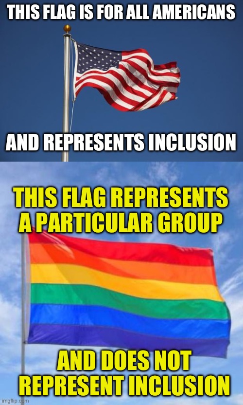 Not my Flag | THIS FLAG IS FOR ALL AMERICANS; AND REPRESENTS INCLUSION; THIS FLAG REPRESENTS A PARTICULAR GROUP; AND DOES NOT REPRESENT INCLUSION | image tagged in us flag,gay pride flag,exclusion isnt inclusive,if you arent in the alphabet mafia then it is not your flag | made w/ Imgflip meme maker
