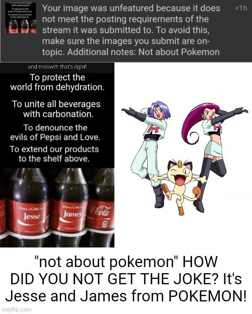 B R U H | "not about pokemon" HOW DID YOU NOT GET THE JOKE? It's Jesse and James from POKEMON! | made w/ Imgflip meme maker