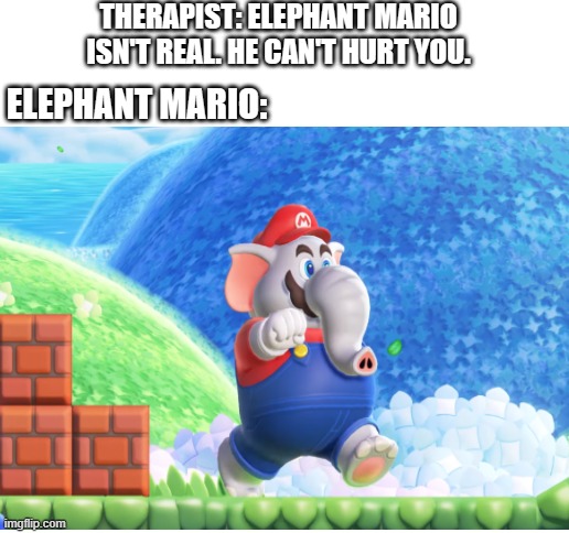 from all the best ideas they had....they hatched one based by Fur Affinity | THERAPIST: ELEPHANT MARIO ISN'T REAL. HE CAN'T HURT YOU. ELEPHANT MARIO: | image tagged in blank white template,super mario bros,mario,nintendo switch,nintendo,elephant | made w/ Imgflip meme maker