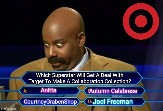 President Of Target Stores Deciding Which Superstars Or Fashion Designer Is Get A Limited Time Collection #2 | Which Superstar Will Get A Deal With Target To Make A Collaboration Collection? Anitta; Autumn Calabrese; Joel Freeman; CourtneyGrabenShop | image tagged in who wants to be a millionaire,target,decisions,corporate,superstar | made w/ Imgflip meme maker