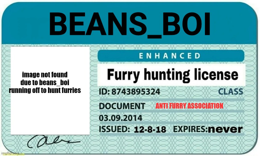 beansboi's license | BEANS_BOI; image not found due to beans_boi running off to hunt furries; ANTI FURRY ASSOCIATION | image tagged in furry hunting license | made w/ Imgflip meme maker