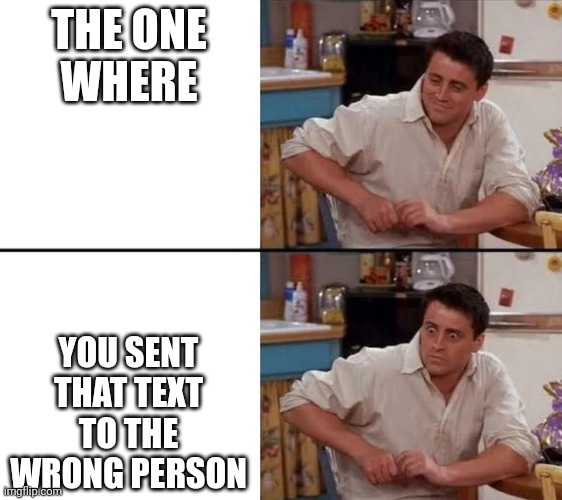 Surprised Joey | THE ONE
WHERE; YOU SENT THAT TEXT TO THE WRONG PERSON | image tagged in surprised joey | made w/ Imgflip meme maker