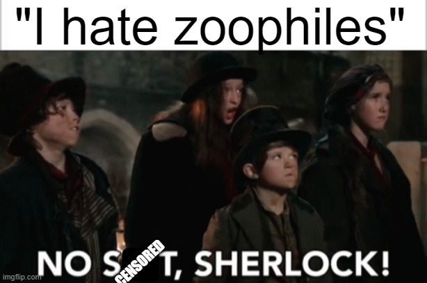 I really do | "I hate zoophiles"; CENSORED | image tagged in white background,no crap sherlock | made w/ Imgflip meme maker