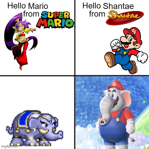 ok Shantae but why Mario too | Shantae; Mario | image tagged in hello person from,shantae,mario,super mario bros,nintendo,elephant | made w/ Imgflip meme maker