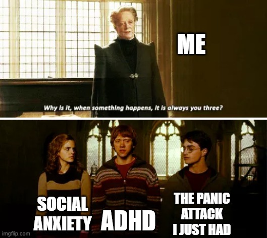 my deteriorating mental health | ME; THE PANIC ATTACK I JUST HAD; SOCIAL ANXIETY; ADHD | image tagged in always you three | made w/ Imgflip meme maker