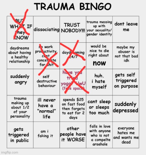 Trauma bingo | image tagged in trauma bingo | made w/ Imgflip meme maker