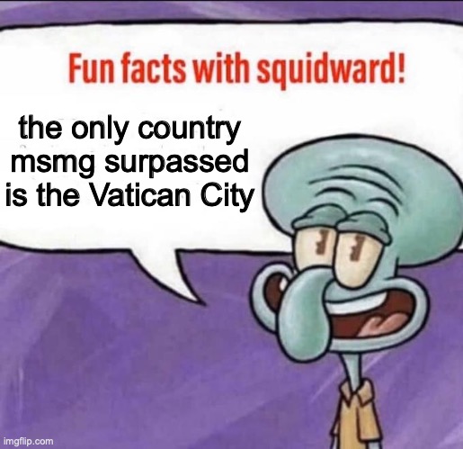 Fun Facts with Squidward | the only country msmg surpassed is the Vatican City | image tagged in fun facts with squidward | made w/ Imgflip meme maker