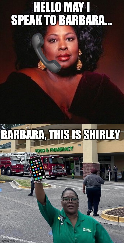 Woman to woman | HELLO MAY I SPEAK TO BARBARA…; BARBARA, THIS IS SHIRLEY | image tagged in funny | made w/ Imgflip meme maker
