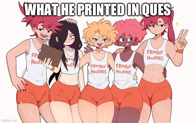 Femboy Hooters | WHAT HE PRINTED IN QUESTION | image tagged in femboy hooters | made w/ Imgflip meme maker