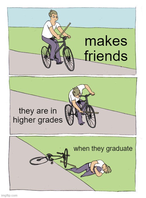 alone | makes friends; they are in higher grades; when they graduate | image tagged in memes,bike fall | made w/ Imgflip meme maker