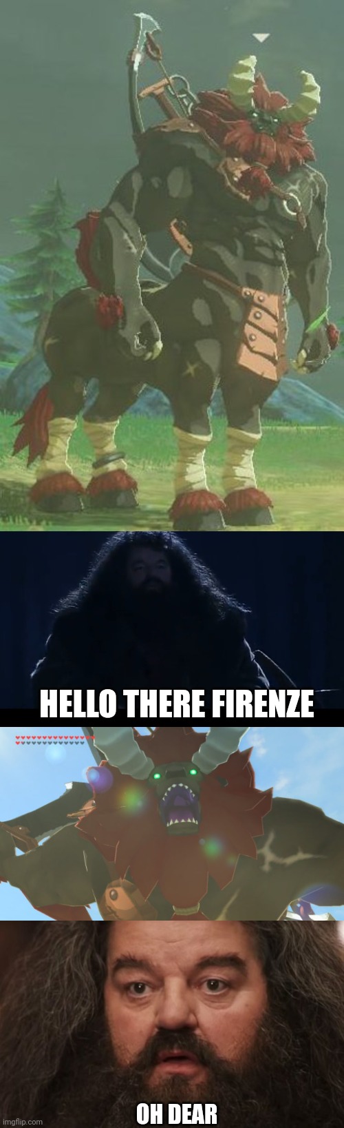 THAT'S PROBABLY NOT FIRENZE | HELLO THERE FIRENZE; OH DEAR | image tagged in the legend of zelda breath of the wild,harry potter,the legend of zelda,hagrid,lynel | made w/ Imgflip meme maker