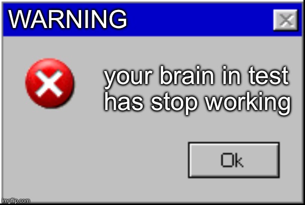 my brain during a maths test | WARNING; your brain in test
has stop working | image tagged in windows error message,test,funny memes,memes,relatable,meme | made w/ Imgflip meme maker