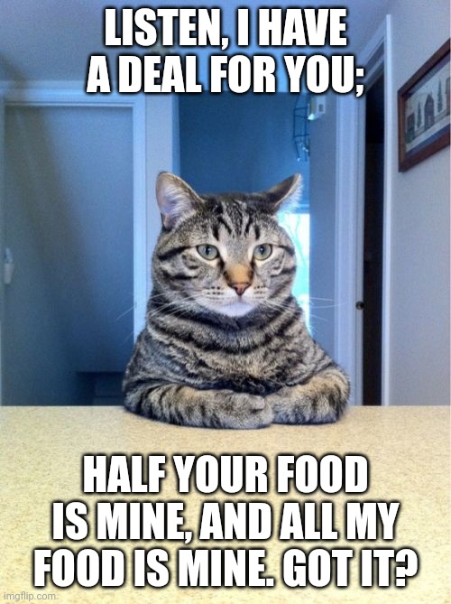 They want it all but this one is generous a little | LISTEN, I HAVE A DEAL FOR YOU;; HALF YOUR FOOD IS MINE, AND ALL MY FOOD IS MINE. GOT IT? | image tagged in memes,take a seat cat | made w/ Imgflip meme maker