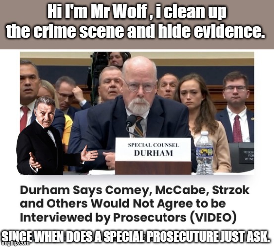 Another Whitewash on the way.. | Hi I'm Mr Wolf , i clean up the crime scene and hide evidence. SINCE WHEN DOES A SPECIAL PROSECUTURE JUST ASK. | image tagged in traitors,nwo | made w/ Imgflip meme maker