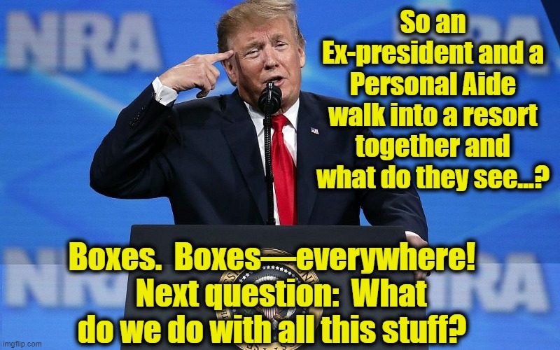 Trump the Stand-up Comic Obstructionist | So an Ex-president and a Personal Aide walk into a resort together and what do they see…? Boxes.  Boxes—everywhere!    Next question:  What do we do with all this stuff? | image tagged in donald trump the clown,nevertrump,maga,trump,gop hypocrite,trump to gop | made w/ Imgflip meme maker