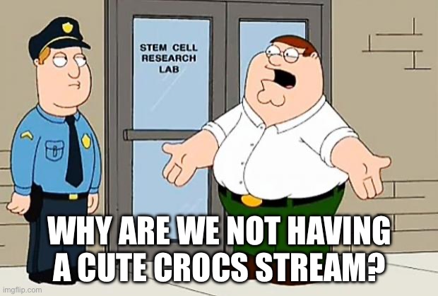 Cute crocodiles | WHY ARE WE NOT HAVING A CUTE CROCS STREAM? | image tagged in why are we not funding this | made w/ Imgflip meme maker