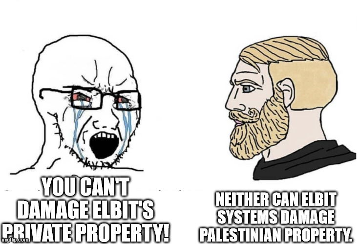 WHEN YOU WANT TO START SMASHING ELBIT SYSTEMS | NEITHER CAN ELBIT SYSTEMS DAMAGE PALESTINIAN PROPERTY. YOU CAN'T DAMAGE ELBIT'S PRIVATE PROPERTY! | image tagged in soyboy vs yes chad | made w/ Imgflip meme maker