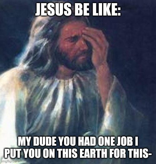 jesus facepalm | JESUS BE LIKE: MY DUDE YOU HAD ONE JOB I PUT YOU ON THIS EARTH FOR THIS- | image tagged in jesus facepalm | made w/ Imgflip meme maker