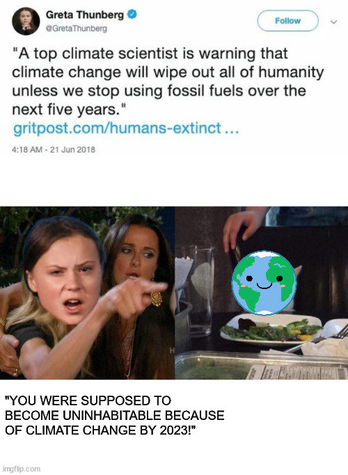 "YOU WERE SUPPOSED TO BECOME UNINHABITABLE BECAUSE OF CLIMATE CHANGE BY 2023!" | image tagged in memes,woman yelling at cat | made w/ Imgflip meme maker