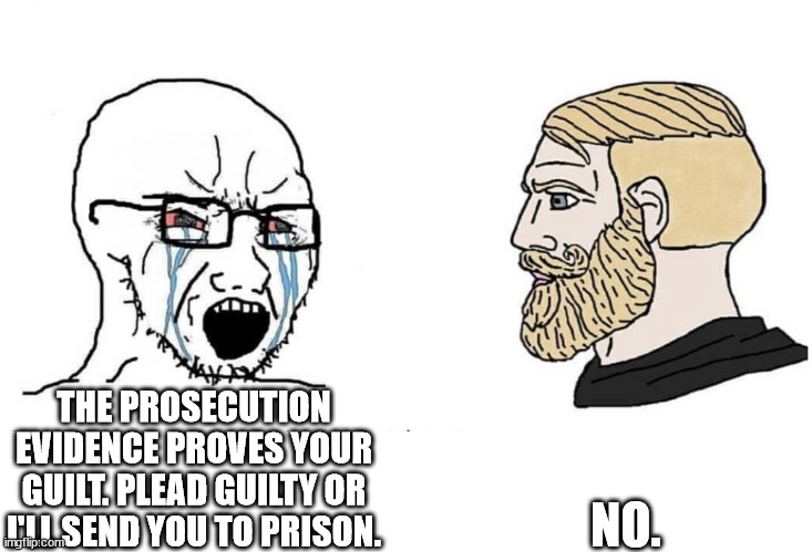 COURTS BE LIKE | NO. THE PROSECUTION EVIDENCE PROVES YOUR GUILT. PLEAD GUILTY OR I'LL SEND YOU TO PRISON. | image tagged in soyboy vs yes chad | made w/ Imgflip meme maker